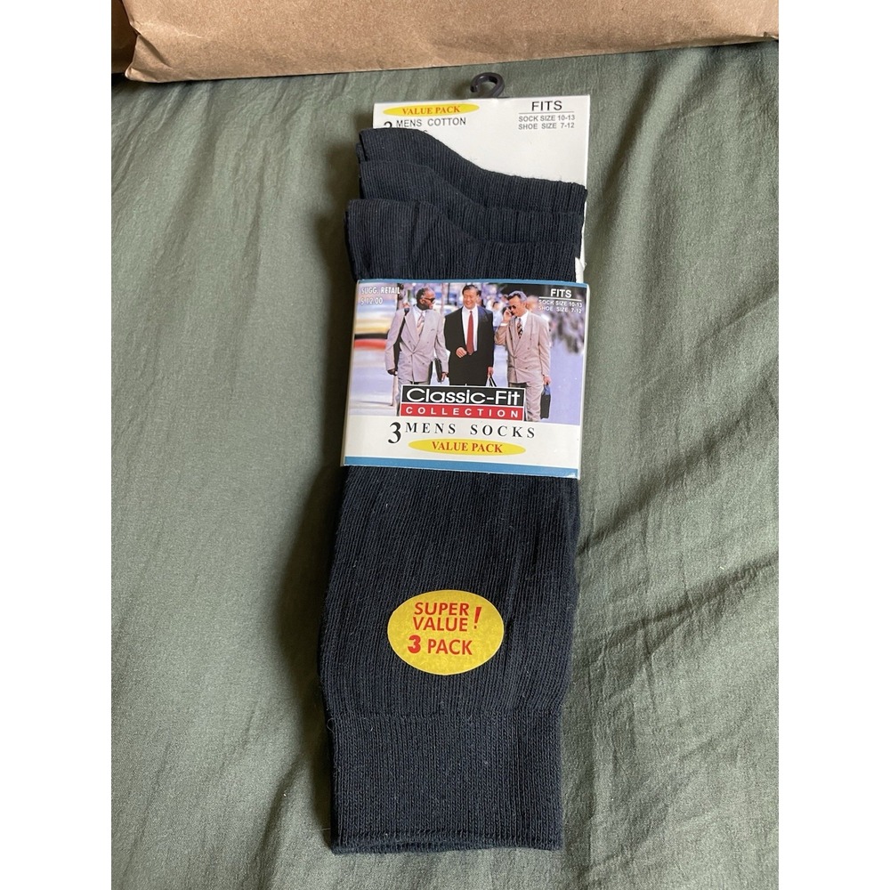 Vintage Classic-Fit Collection Mens Socks 3 Pack Black Crew Dress New NIP NOS
